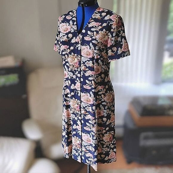 Vtg Talbots silk navy floral button front midi dress - Picture 1 of 13